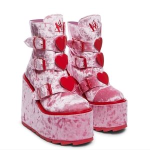 Y.R.U. Velvet Dune Lo Heart Charm Platform Boots Pink/Red